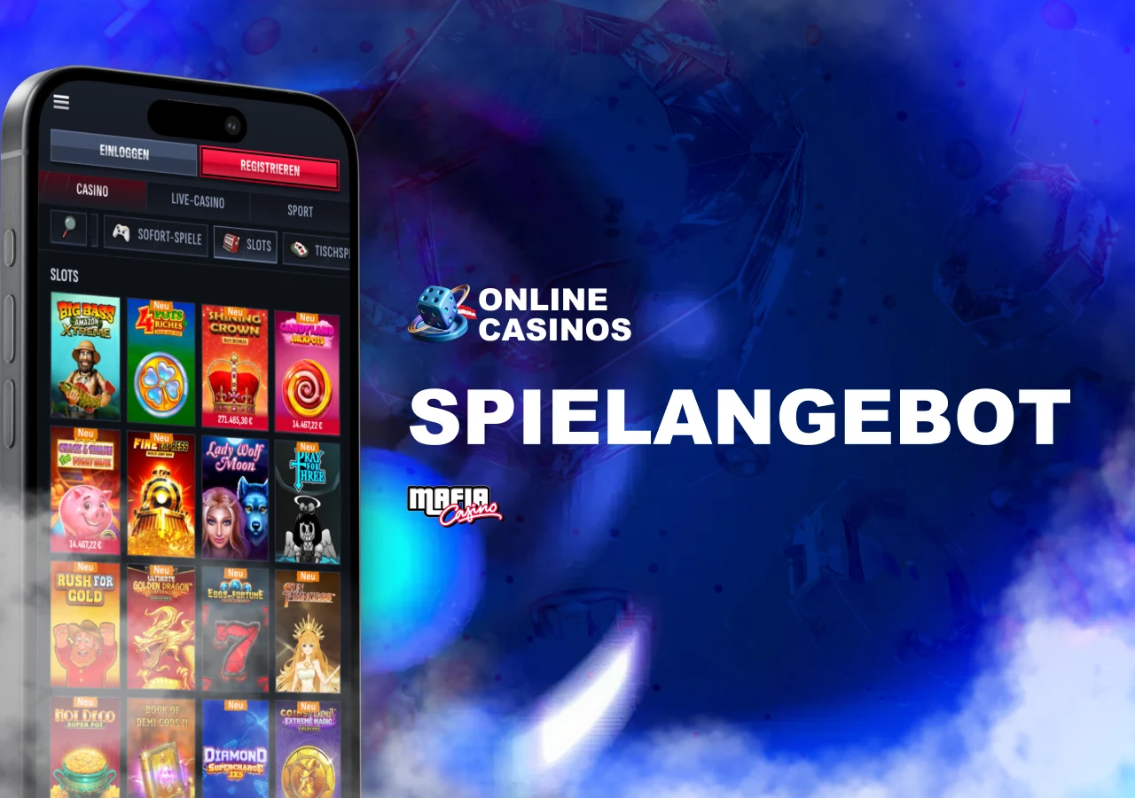 Spieleportfolio von Mafia Casino mit Slots, Tischspielen und Live-Casino-Bereichen